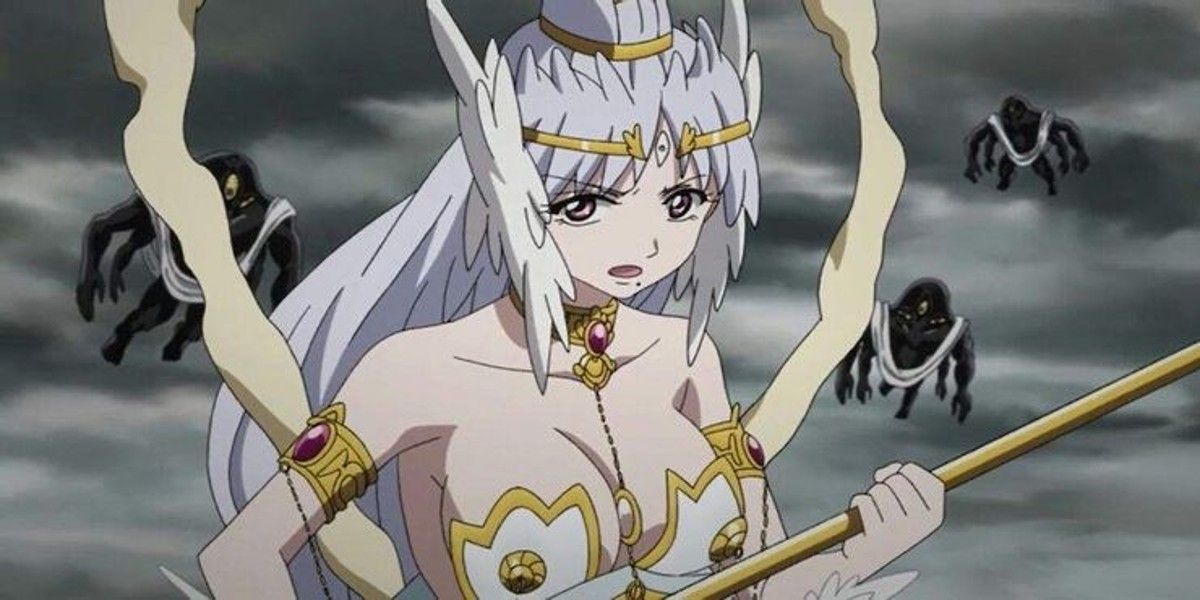 Hakuei, with Paimon equipped, looks warily around at a gray sky full of Dark Djinn in Magi: The Labyrinth of Magic.