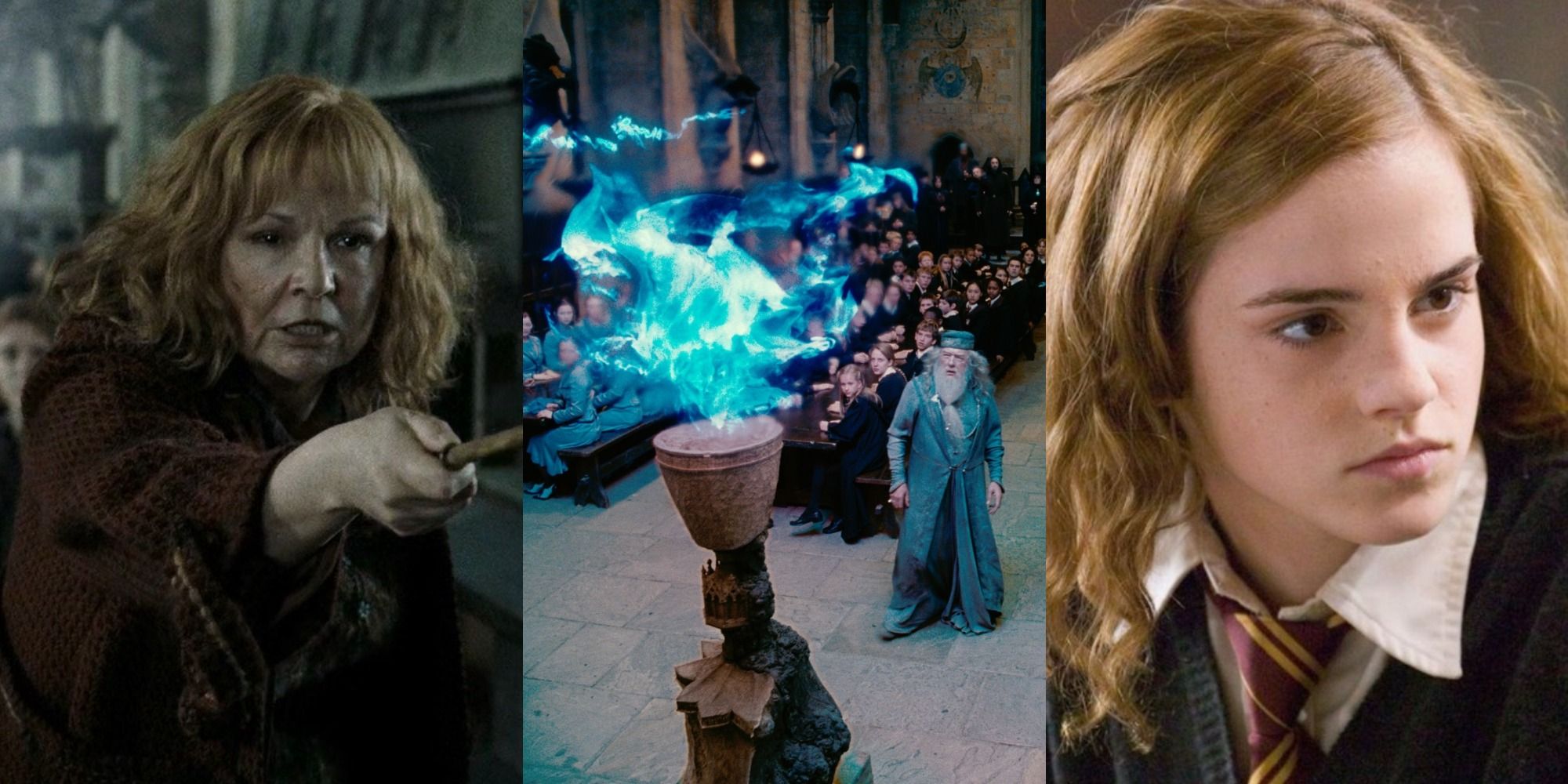 Split image of Molly Weasley, Dumbledore in front of the Goblet of Fire, and Hermione Granger