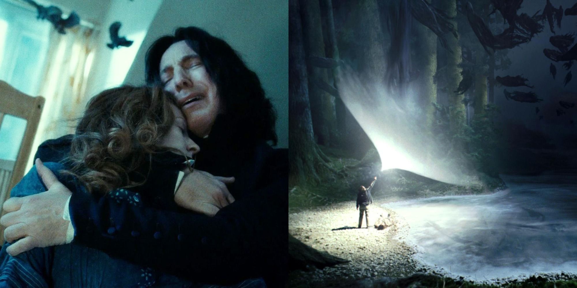 Side by side image of Snape holding Lily and Harry casting a patronus in Harry Potter