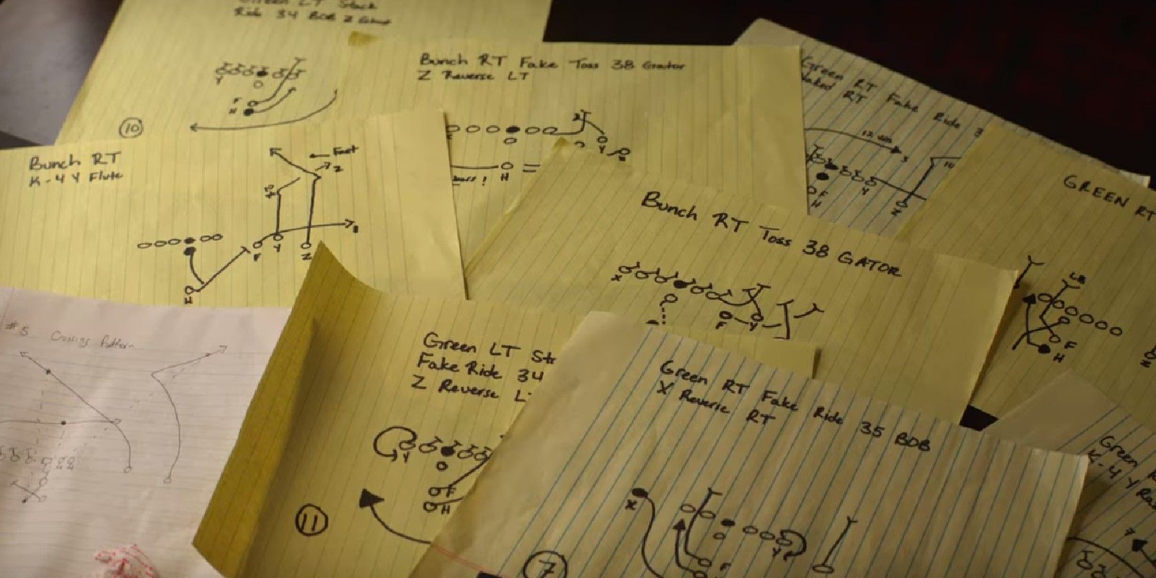 Scattered legal pad paper with Saints plays shown in Netflix's Home Team.