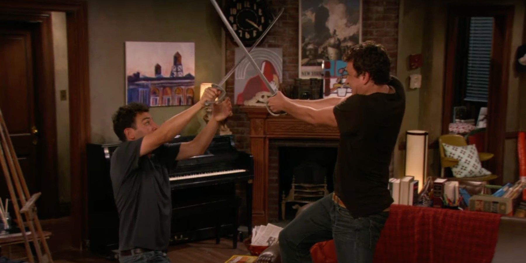Ted and Marshall have a sword fight in How I Met Your Mother