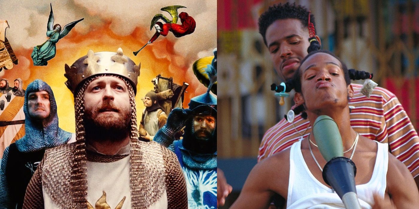 The cast of Monty Python's Holy Grail appear in the poster and Ashtray drives Loc Dog on his handle bars in Don't Be a Menace in South Central While Drinking Your Juice in The Hood