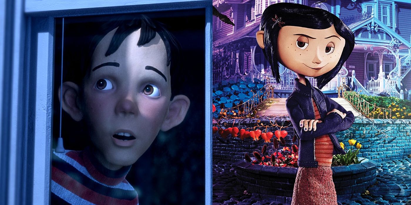 DJ peers through his window in Monster House and Coraline stands in front of her house in Coraline