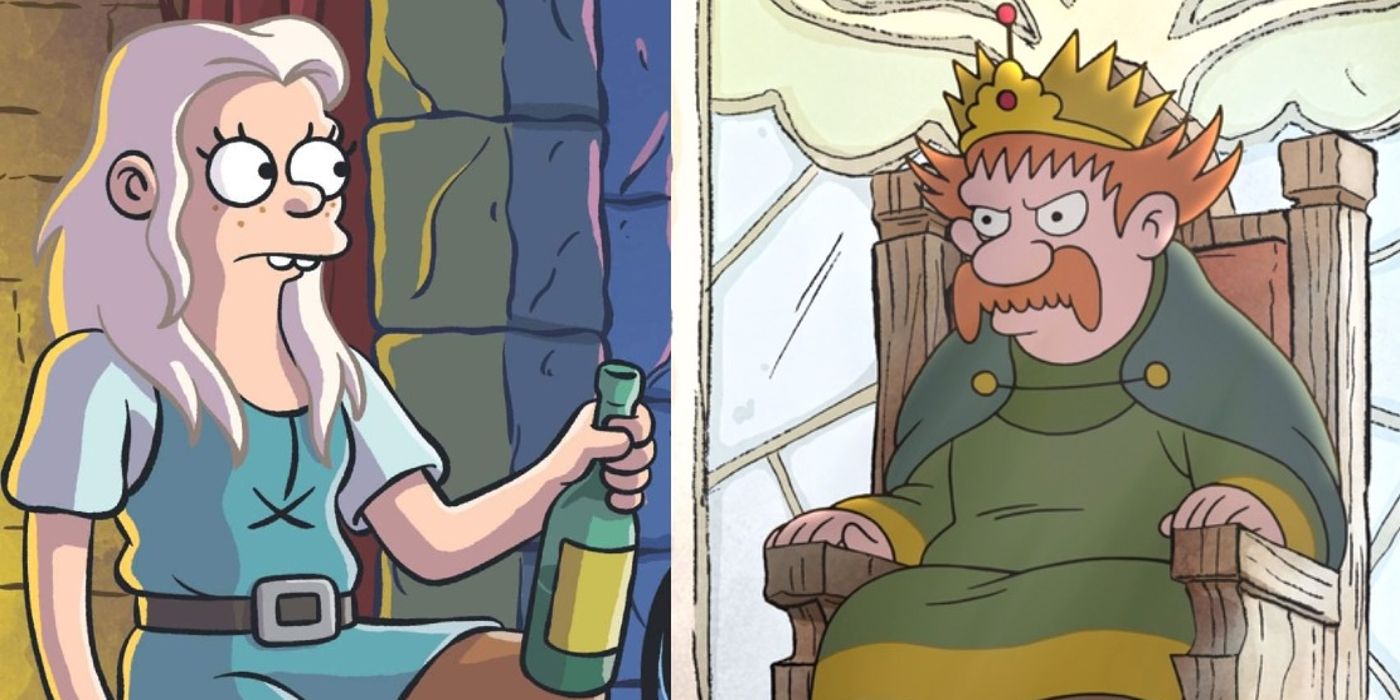 Bean holds a bottle and King Zog sits on his throne in Disenchantment