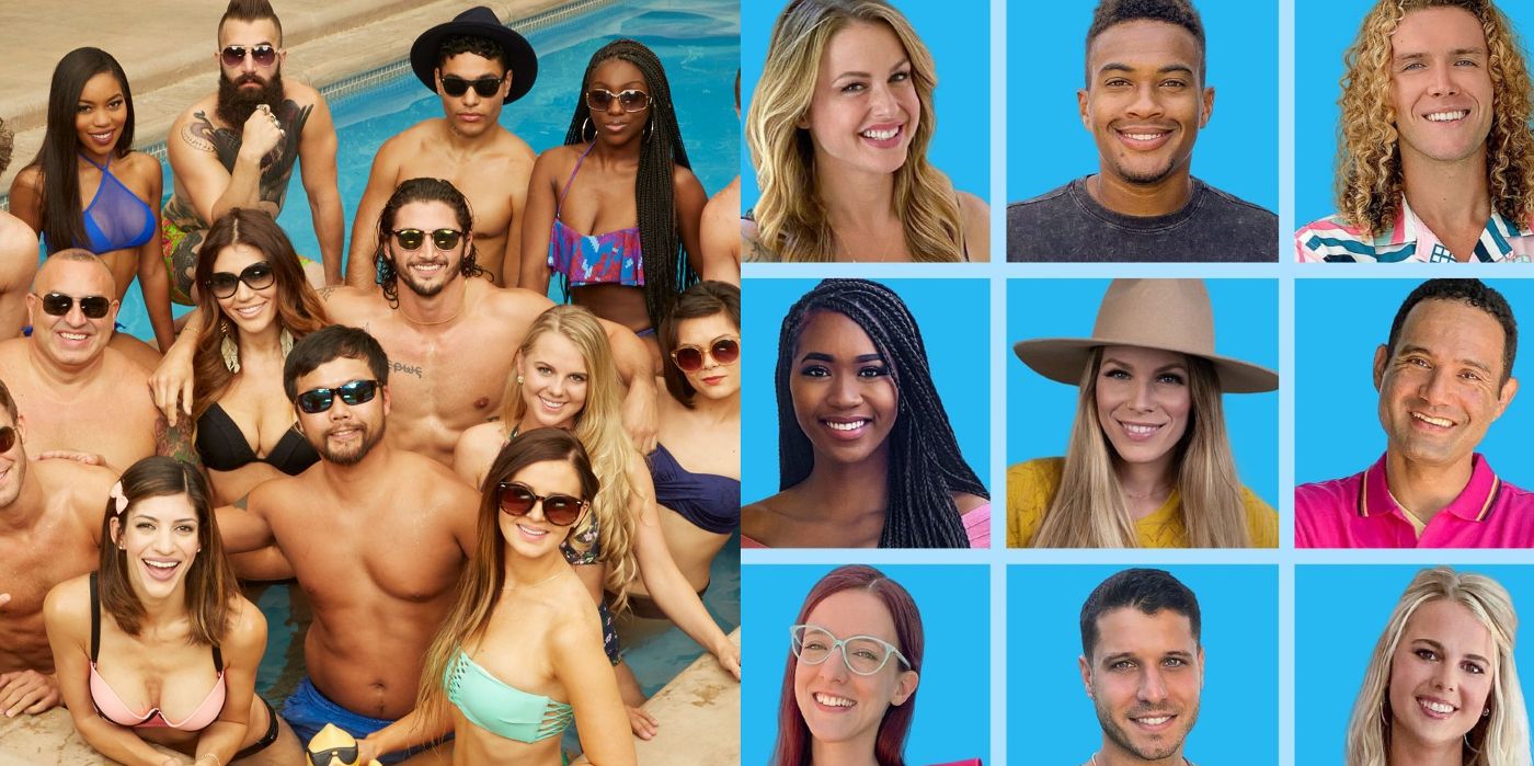 The Cast of Big Brother season 18 poses in bathing suits and the cast of Big Brother 22 poses in Brady Bunch boxes