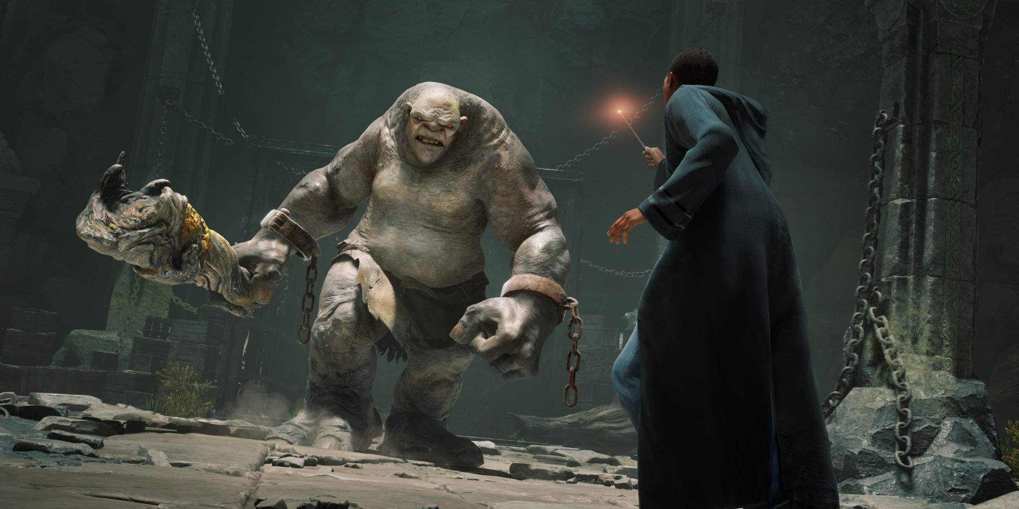 image from the Harry Potter game Hogwarts Legacy showing a student fighting against a troll