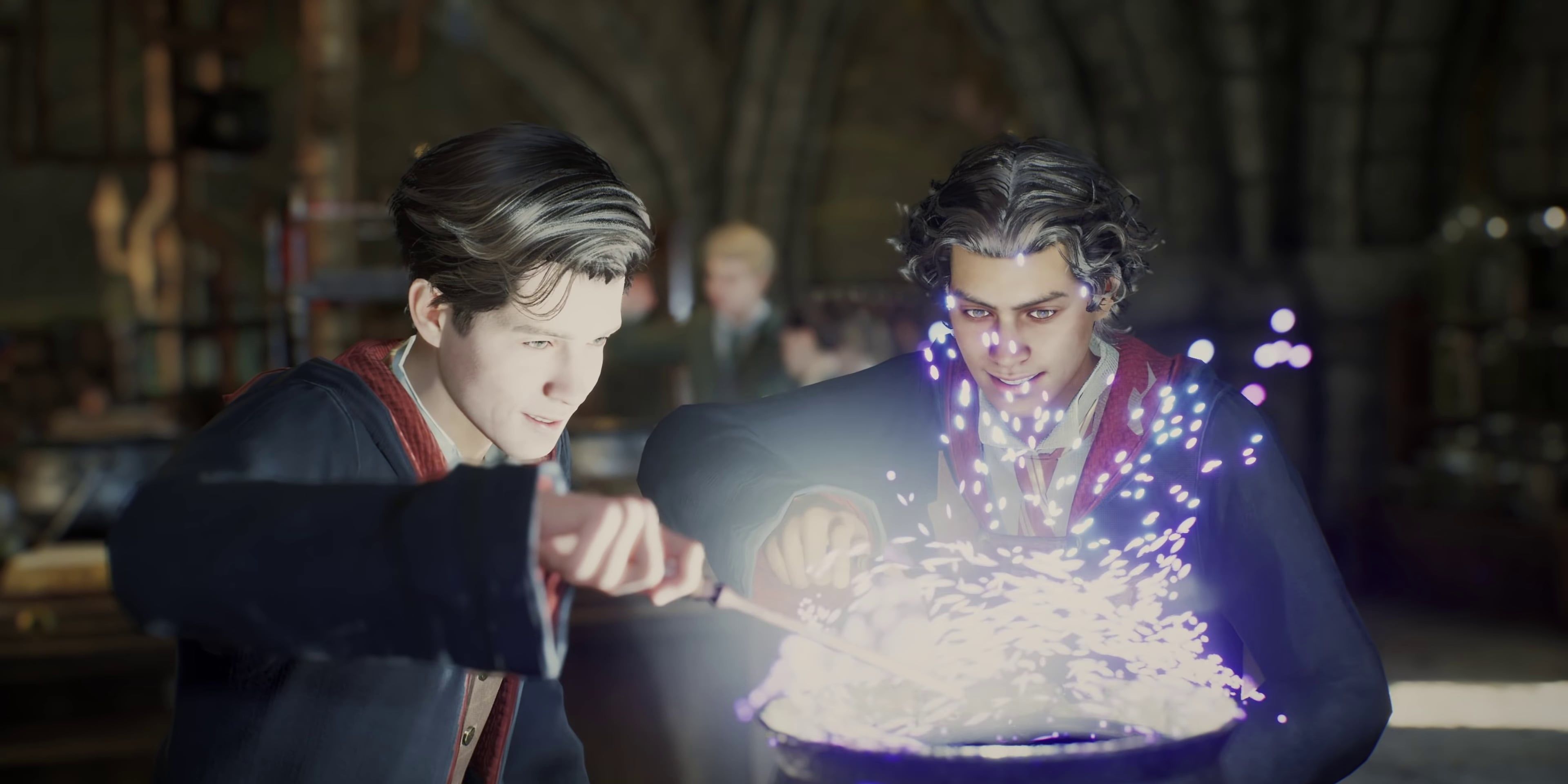 image from the Harry Potter game Hogwarts Legacy showing two students brewing a potion