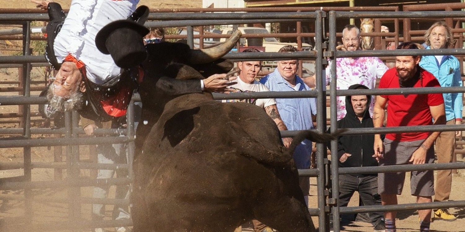 Johnny Knoxville attacked by a bull in Jackass Forever.