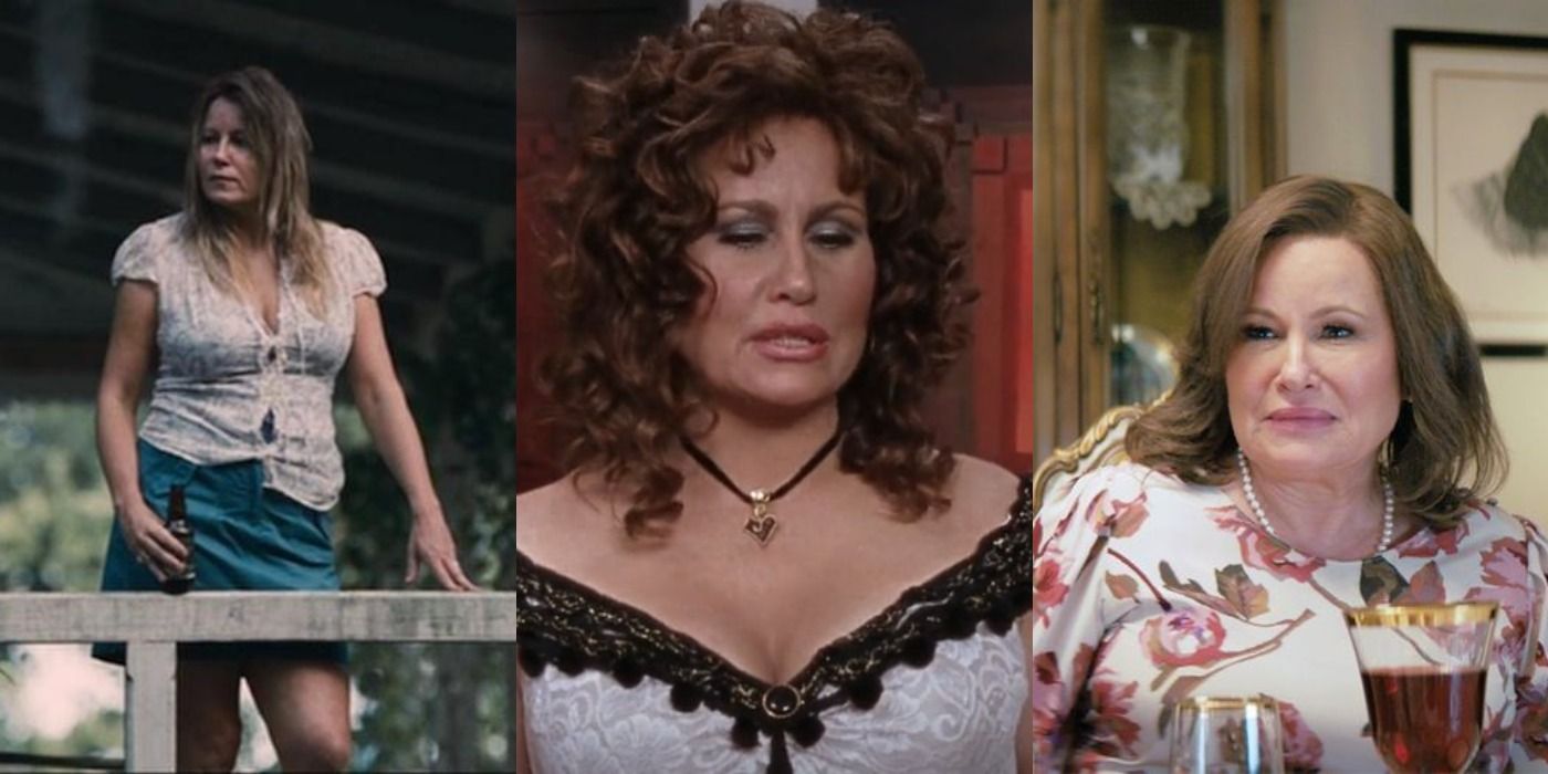 Split image of Jennifer Coolidge in Promising Young Woman, A Mighty Wind, and Bad Lieutenant