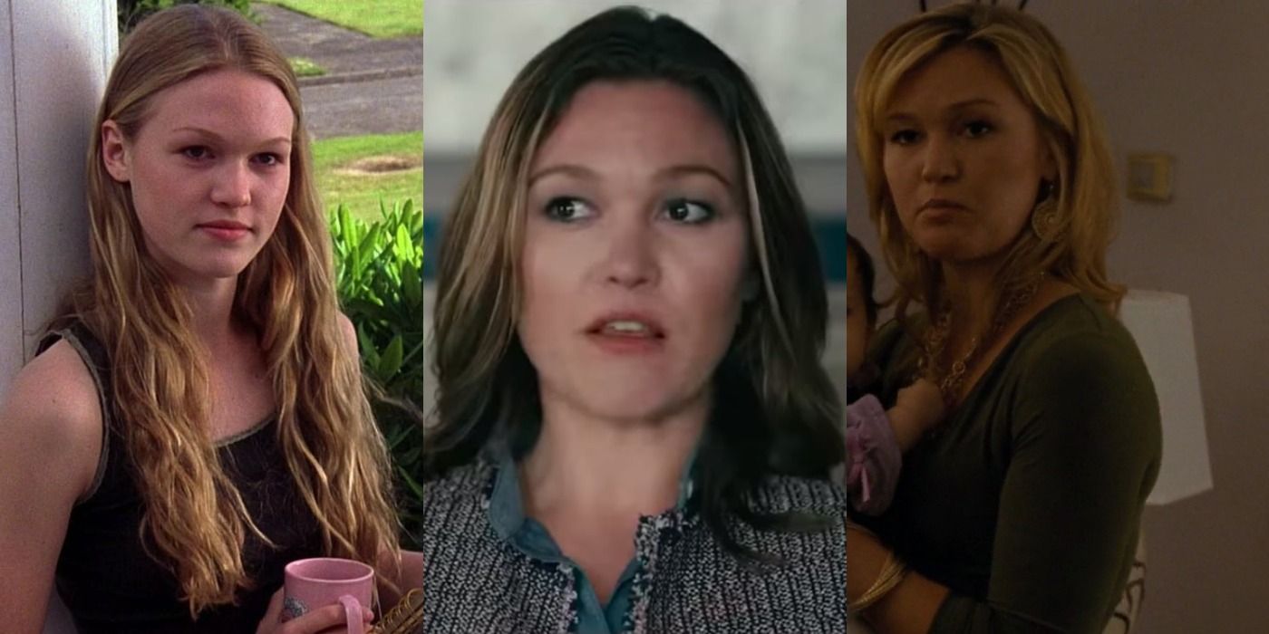 Split image of Julia Stiles in Hustlers, Silver Lining Playbook, and 10 Things I Hate About You.