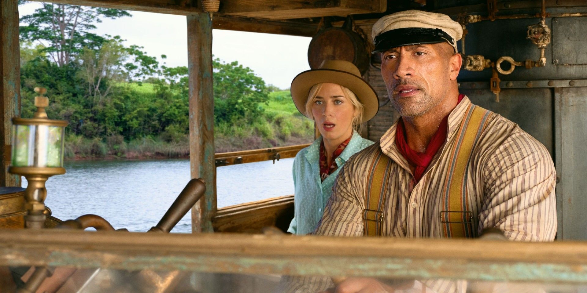 Dwayne Johnson on a boat in Jungle Cruise