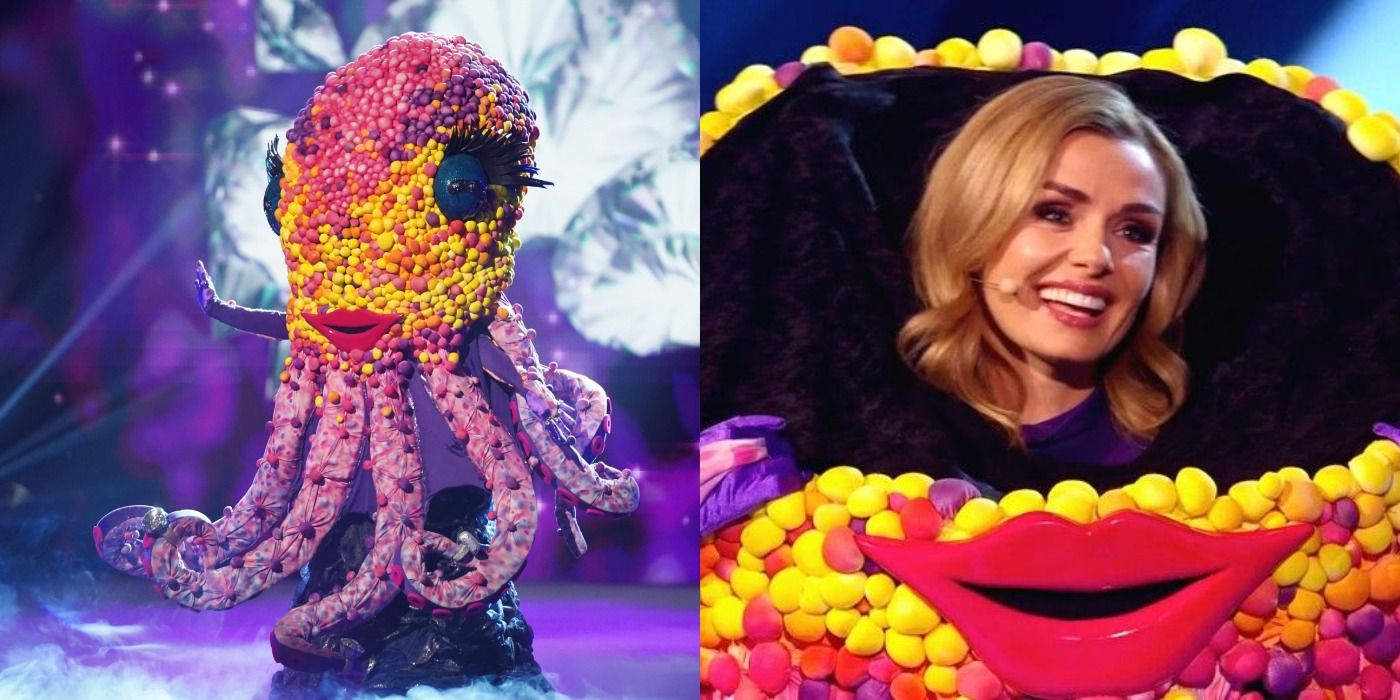 Split image of Octopus performing and Katherine Jenkins' reveal on The Masked Singer UK