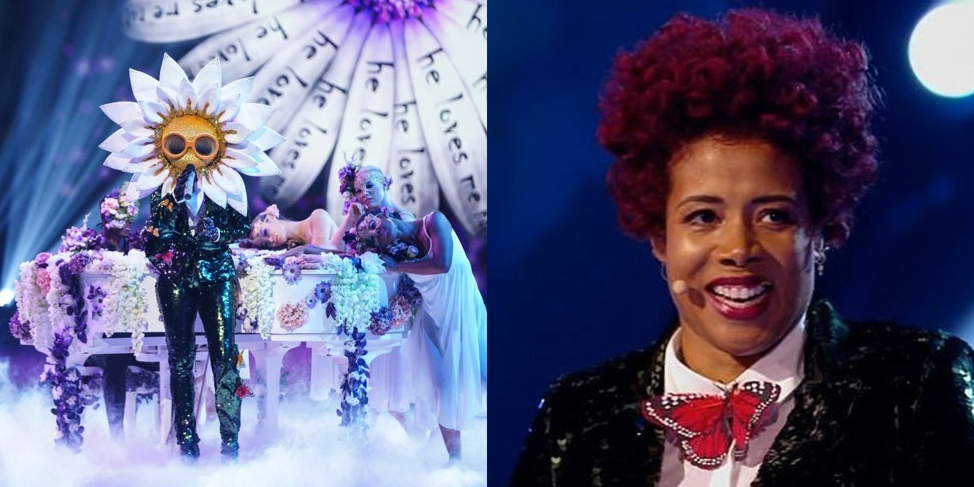 Split image of Daisy performing on The Masked Singer UK and Kelis after her reveal