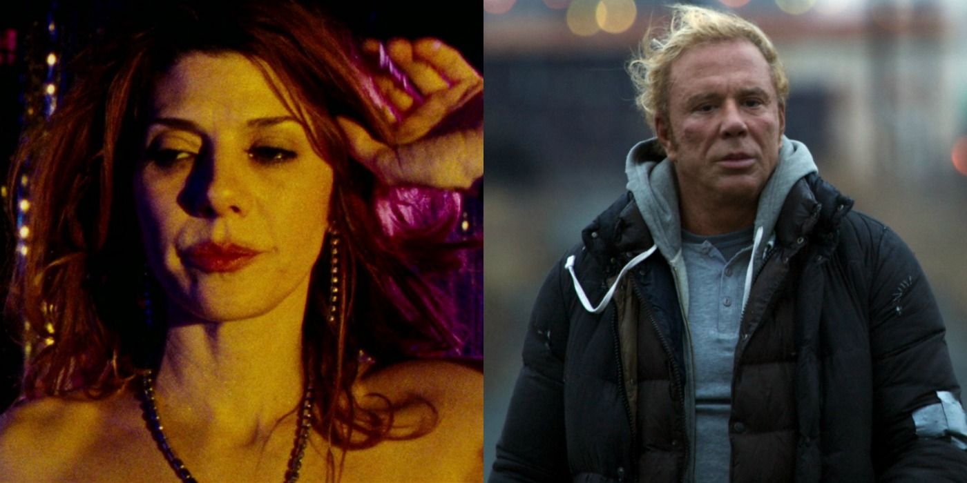 Split image of Marisa Tomei and Mickey Rourke in The Wrestler.