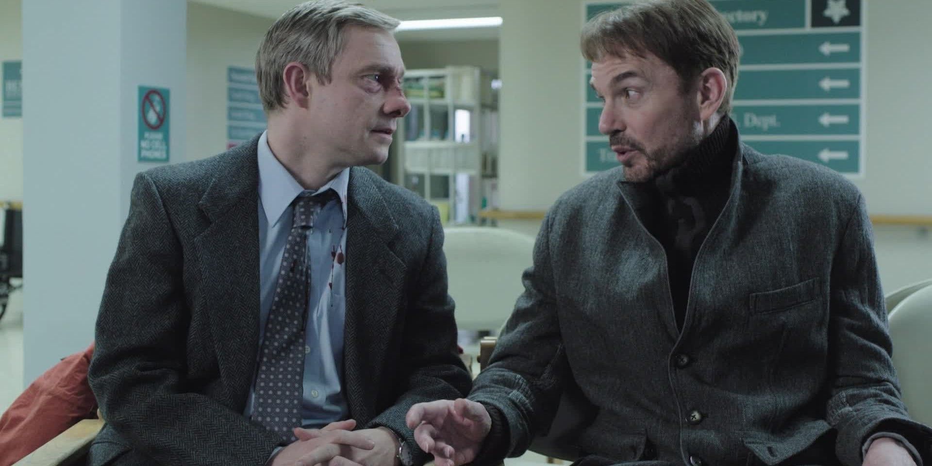 martin freeman and Billy bob thornton talk in Fargo