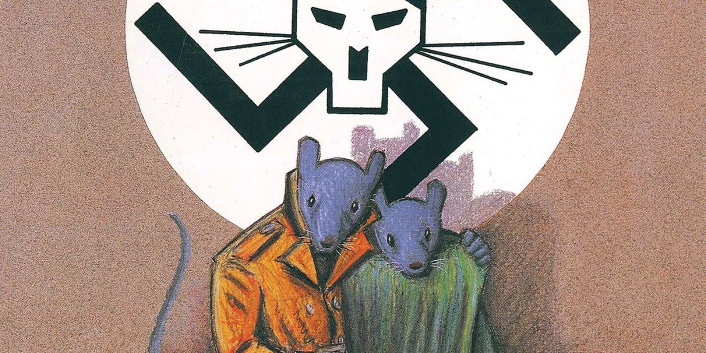 Mice huddling together in front of a swastika in Maus