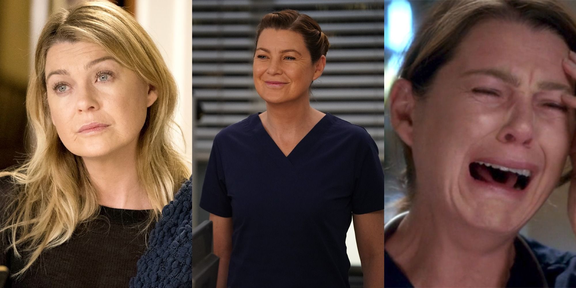 Split image of Ellen Pompeo as Meredith Grey in Grey's Anatomy