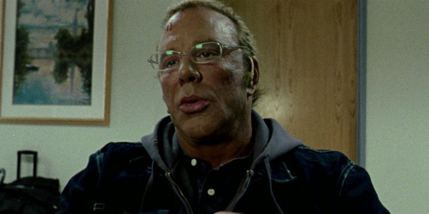 Mickey Rourke wearing glasses and a hearing aid in The Wrestler.