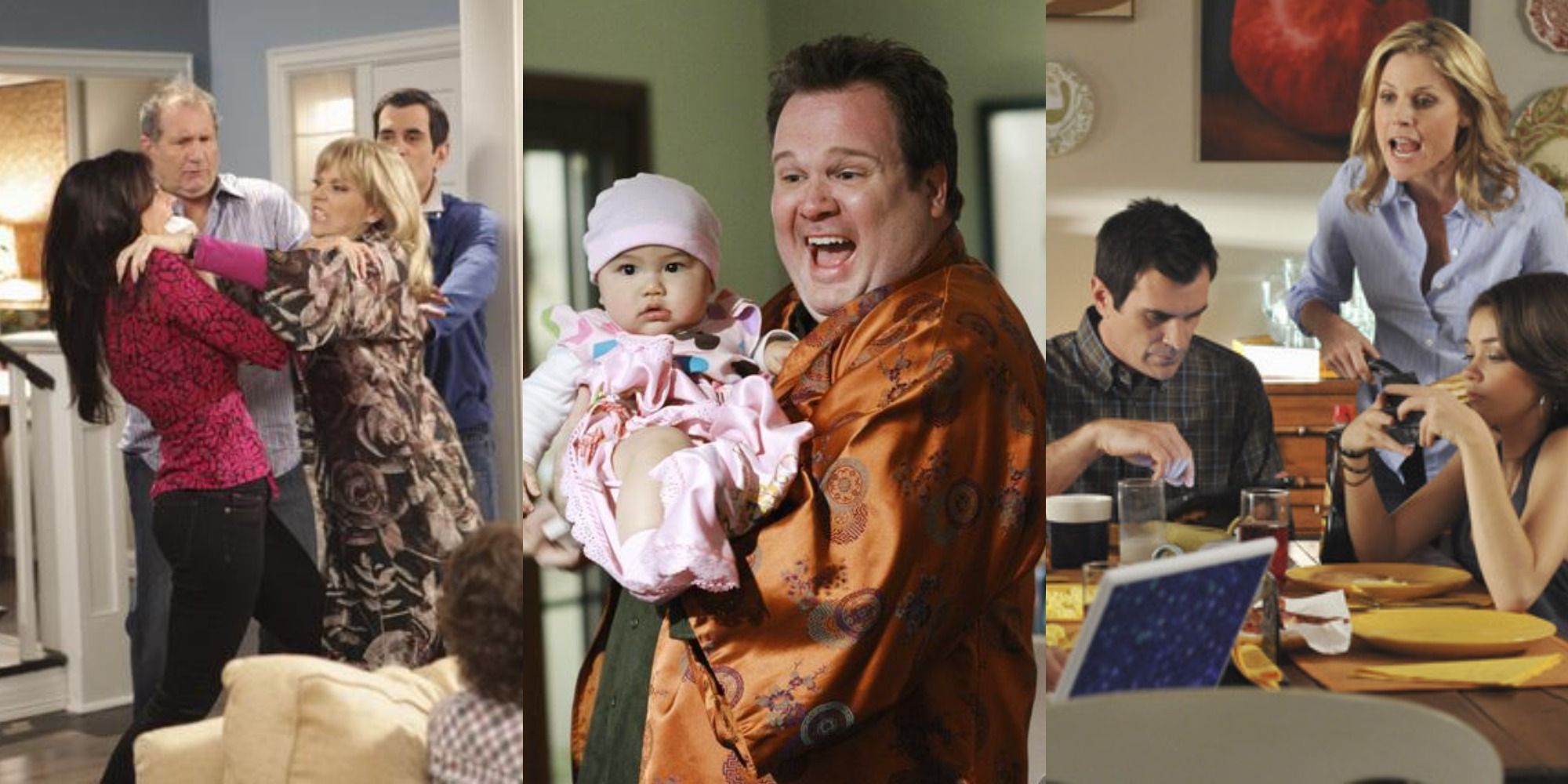 Split image of Gloria and DeDe fighting, Cam holding Lilly, and Claire shouting in Modern Family