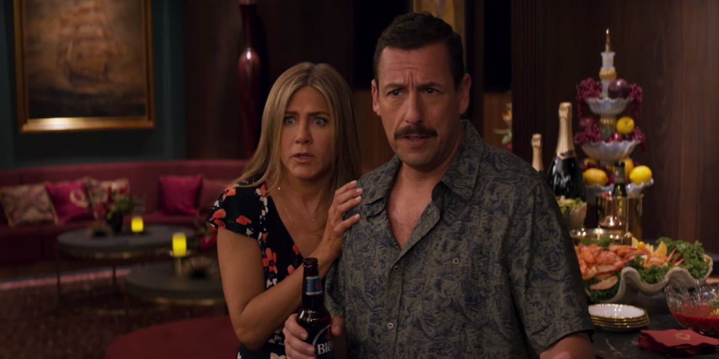 Adam Sandler and Jennifer Aniston looking scared in Murder Mystery.