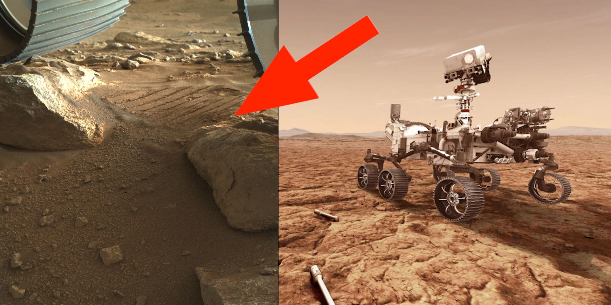 Perseverance rover and a photo of the Mars ground below its wheels