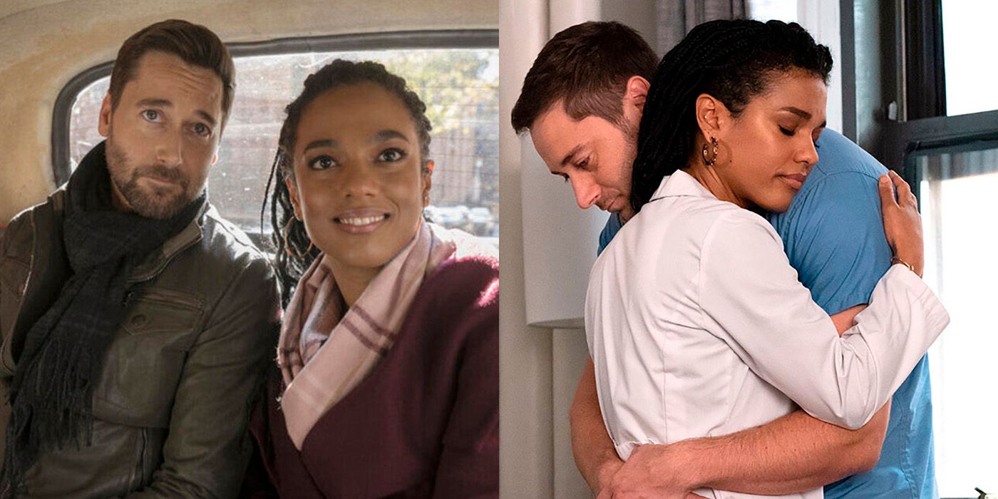Split image of Max and Helen from New Amsterdam in a taxi and in their work scrubs in an embrace.