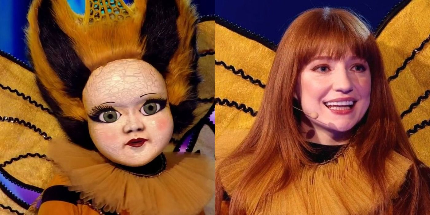 Split image of the Queen Bee costume and Nicola Roberts unmasked on The Masked Singer UK