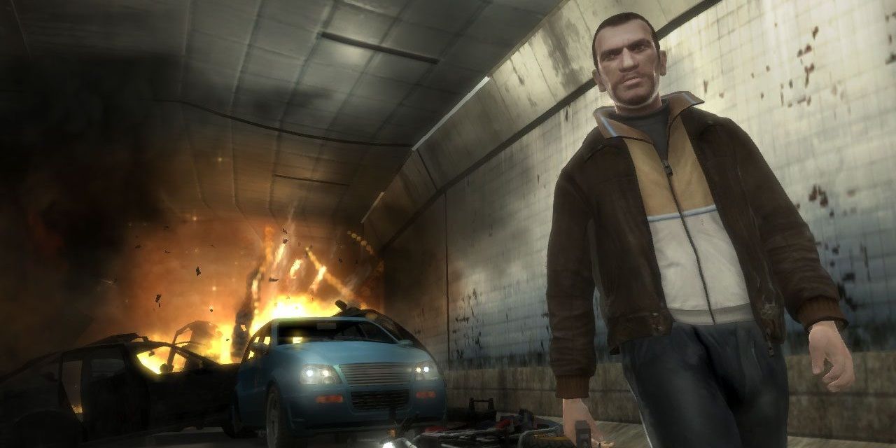 Niko Bellic walks away from an explosion in Grand Theft Auto