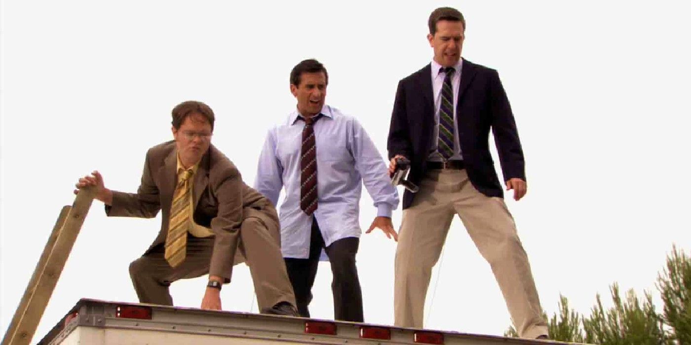 The Office's Dwight Andy and Michael in parkour cold open