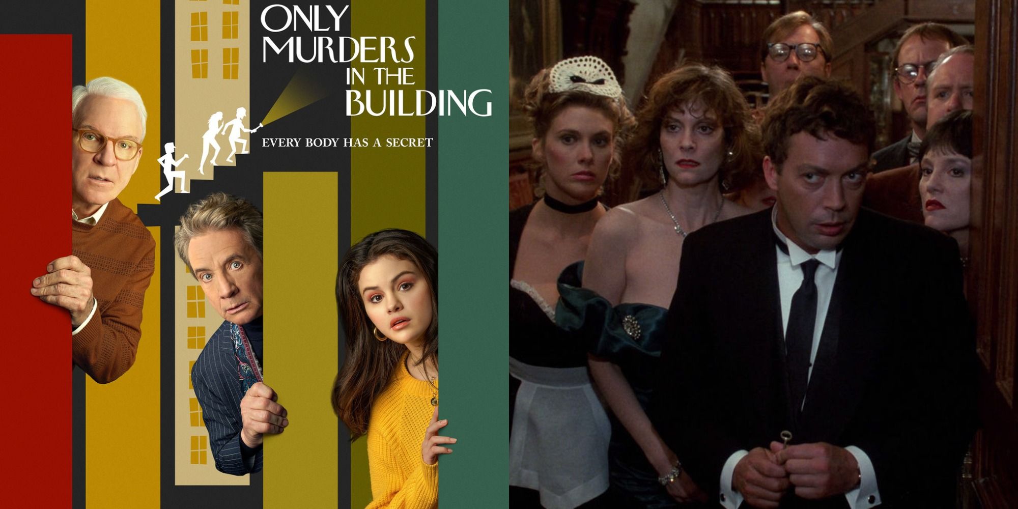 Split image of a poster for Only Murders In The Building and the cast of Clue (1985)