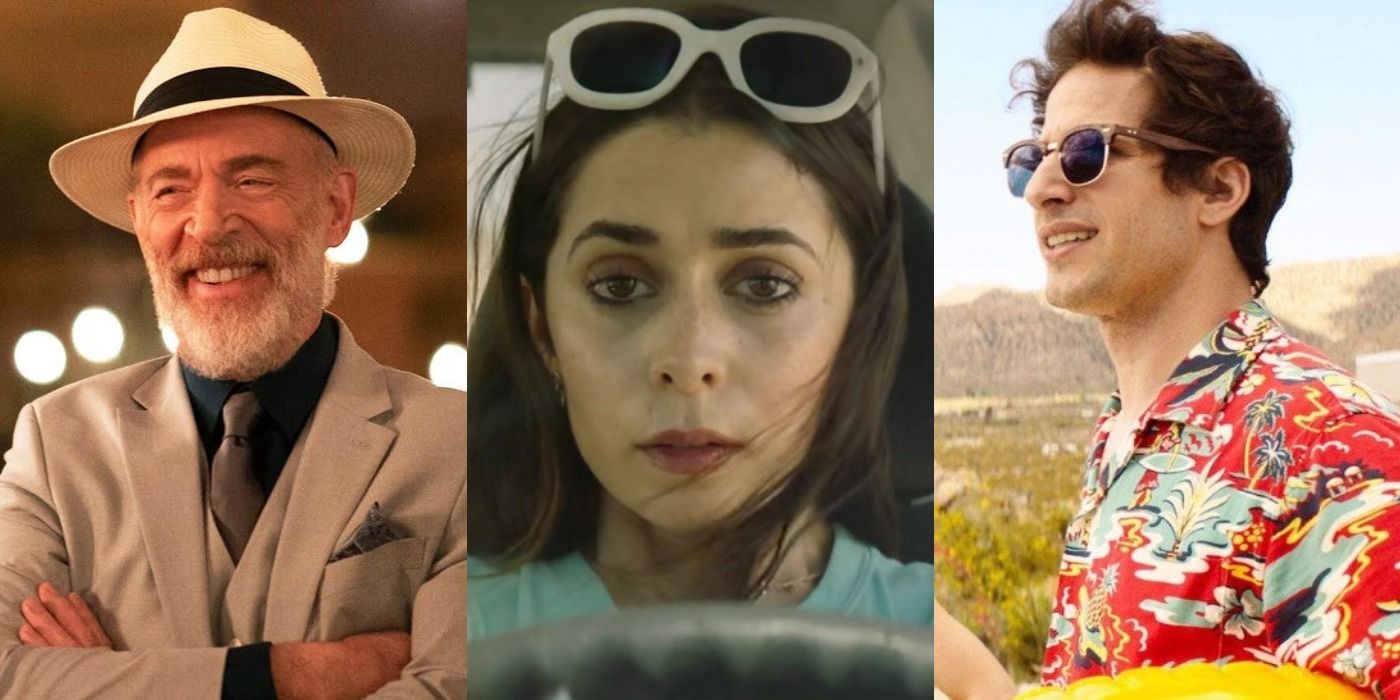 Milioti, Simmons, and Samberg in a Palm Springs collage.