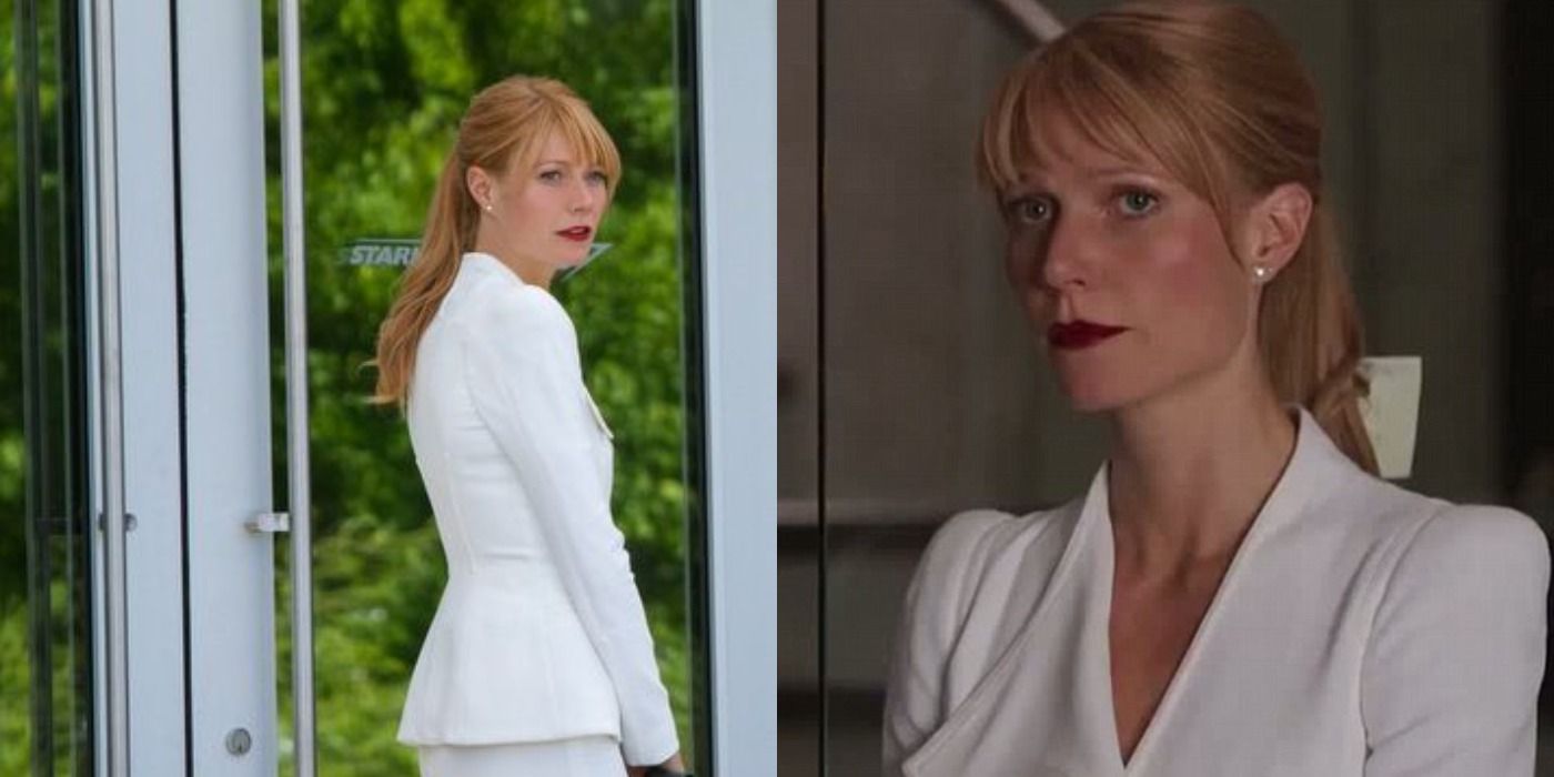 Pepper Potts in a white suit in Iron Man 3