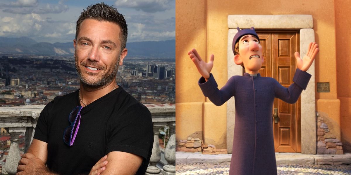 Gino D'Acampo poses with his Luca character Eugenio.