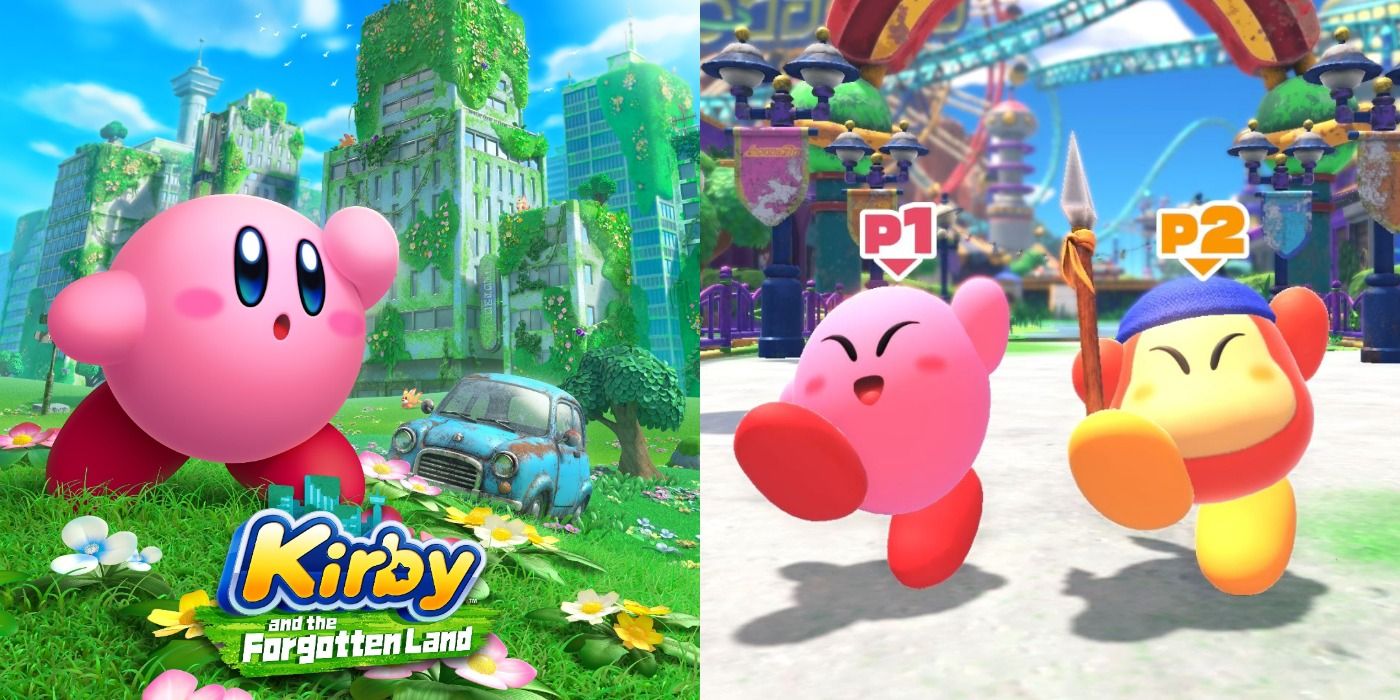 Split image of Kirby in the Forgotten Land