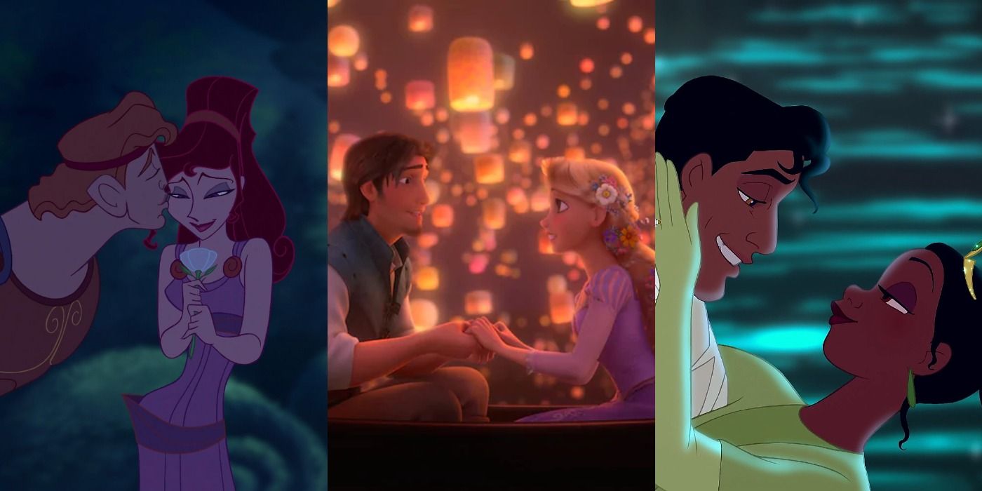 Split image of Hercules, Meg, Flynn Rider, Rapunzel, Naveen and Tiana