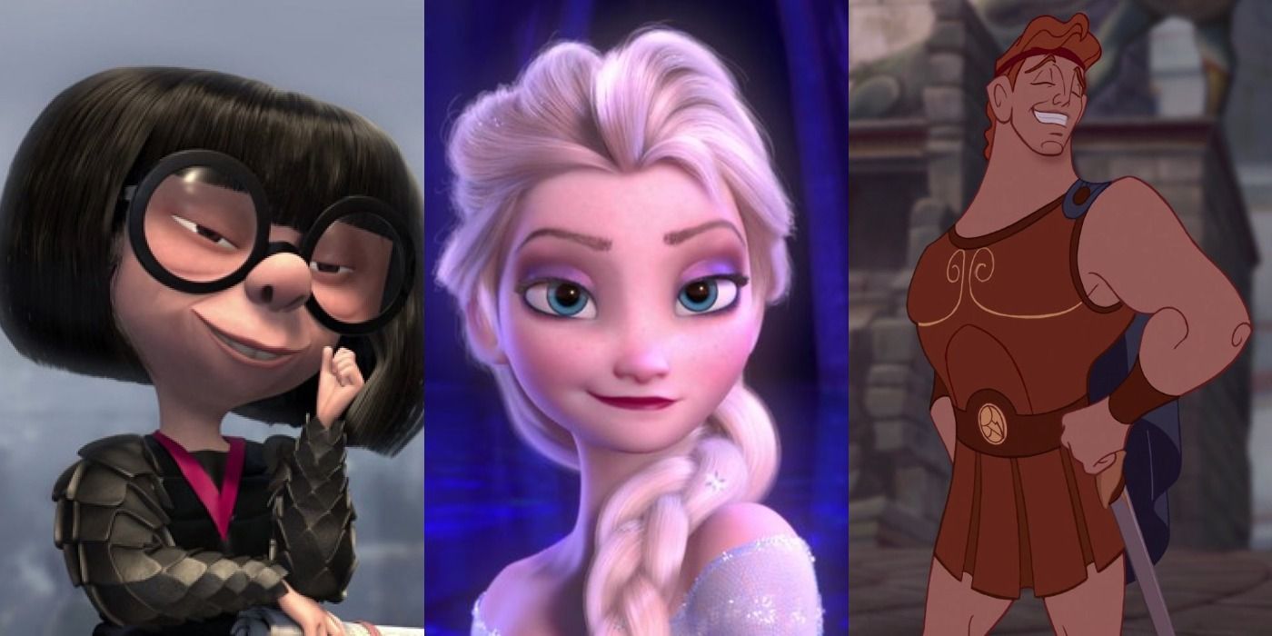 Split image of Edna Mode, Elsa and Hercules
