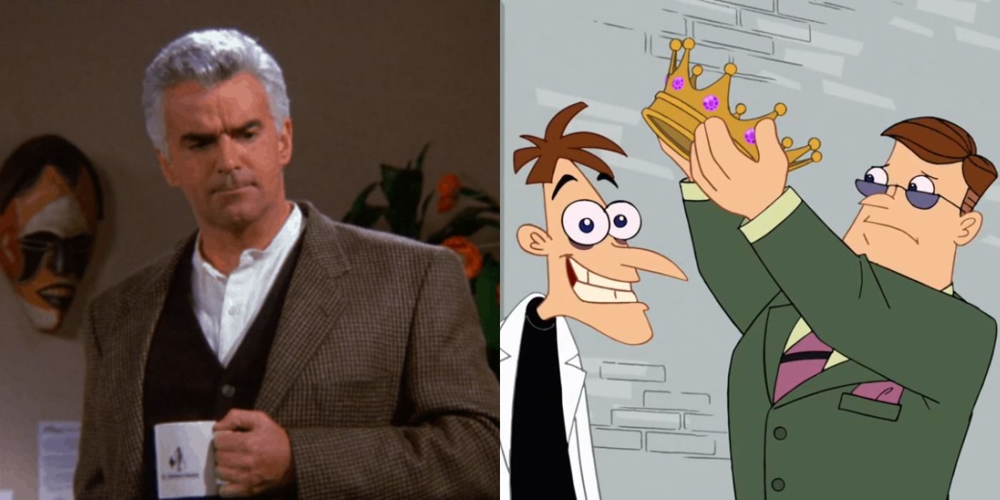 Split image of J Peterman and Dr Doofenshmirtz and Roger - Seinfeld and Disney