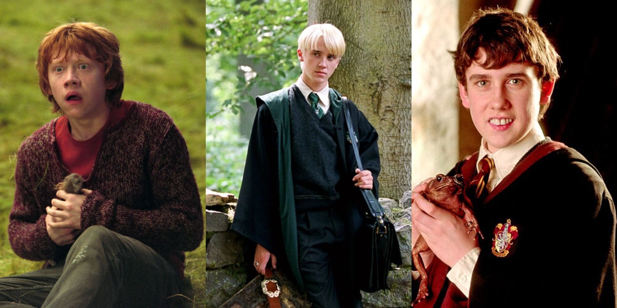 Split image of Ron Weasley sitting, Draco standing, & Neville posing in the Harry Potter films.