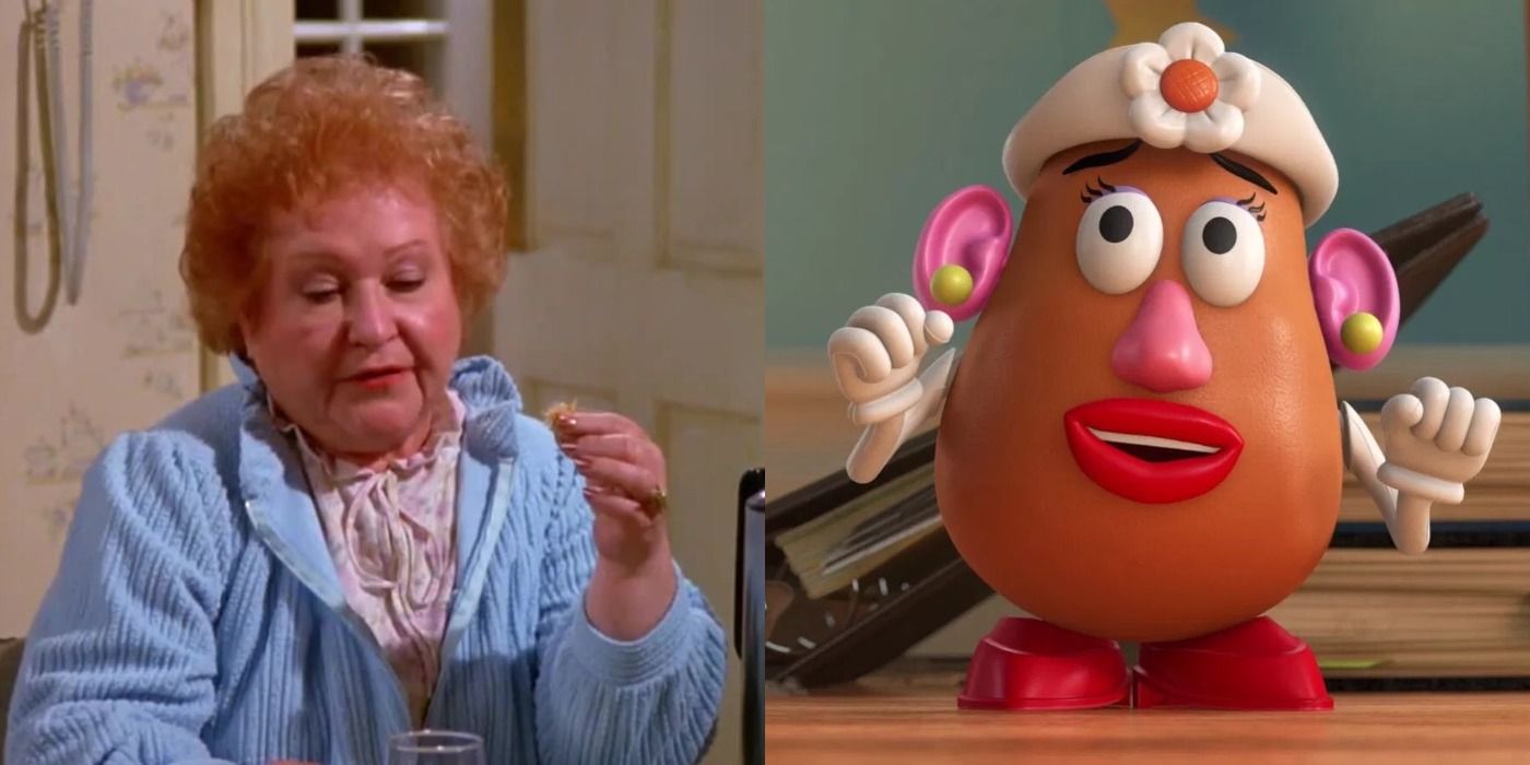 Split image of Estelle and Mrs Potato Head - Seinfeld and Disney