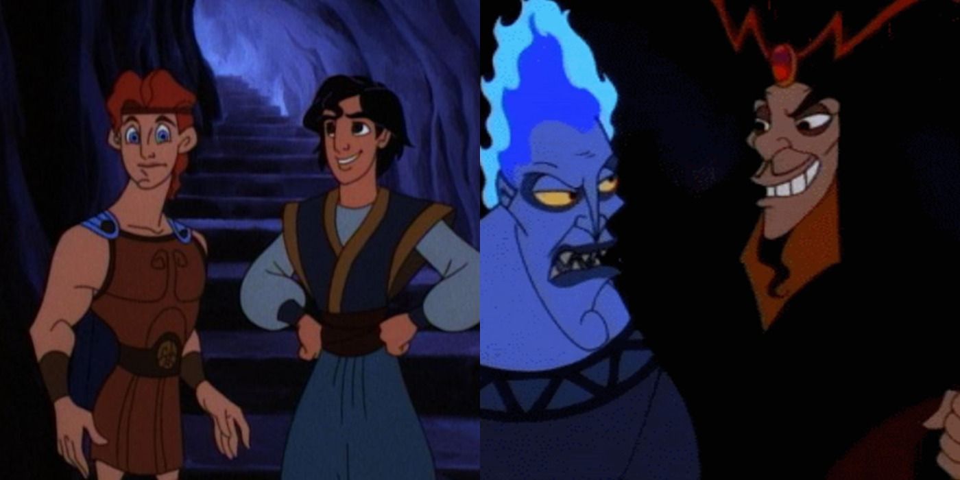 Split image of Hercules, Aladdin, Hades and Jafar in Hercules Animated Series