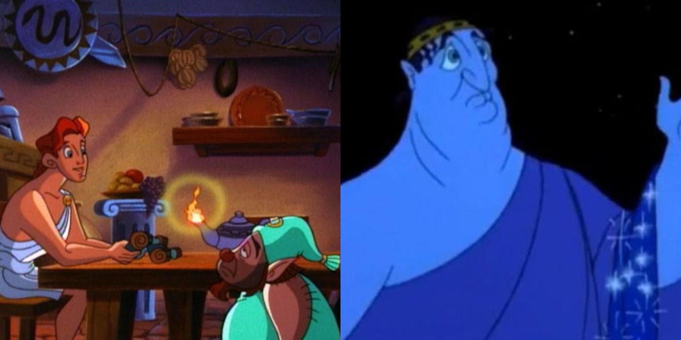 Split image of Hercules, Phil and Morpheus in Hercules Animated Series