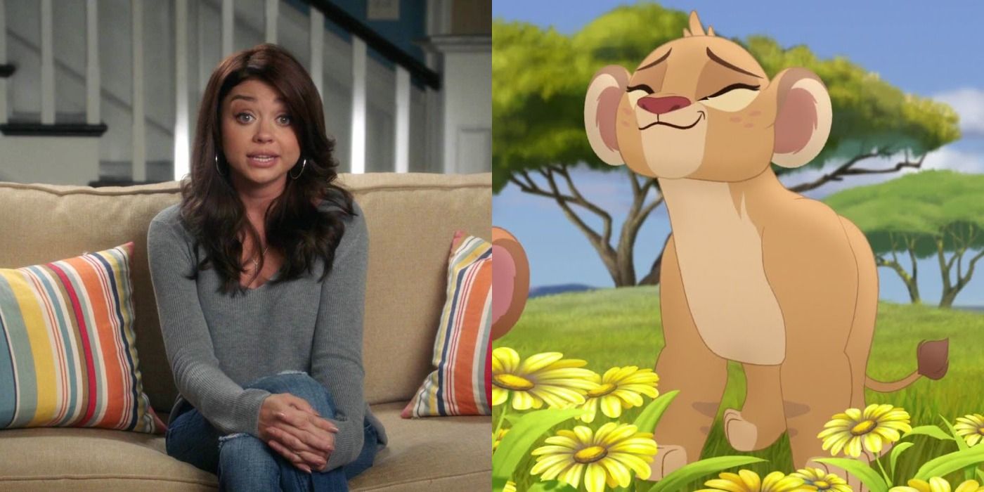 Split image of Hayley and Tiifu from The Lion Guard - Modern Family and Disney characters