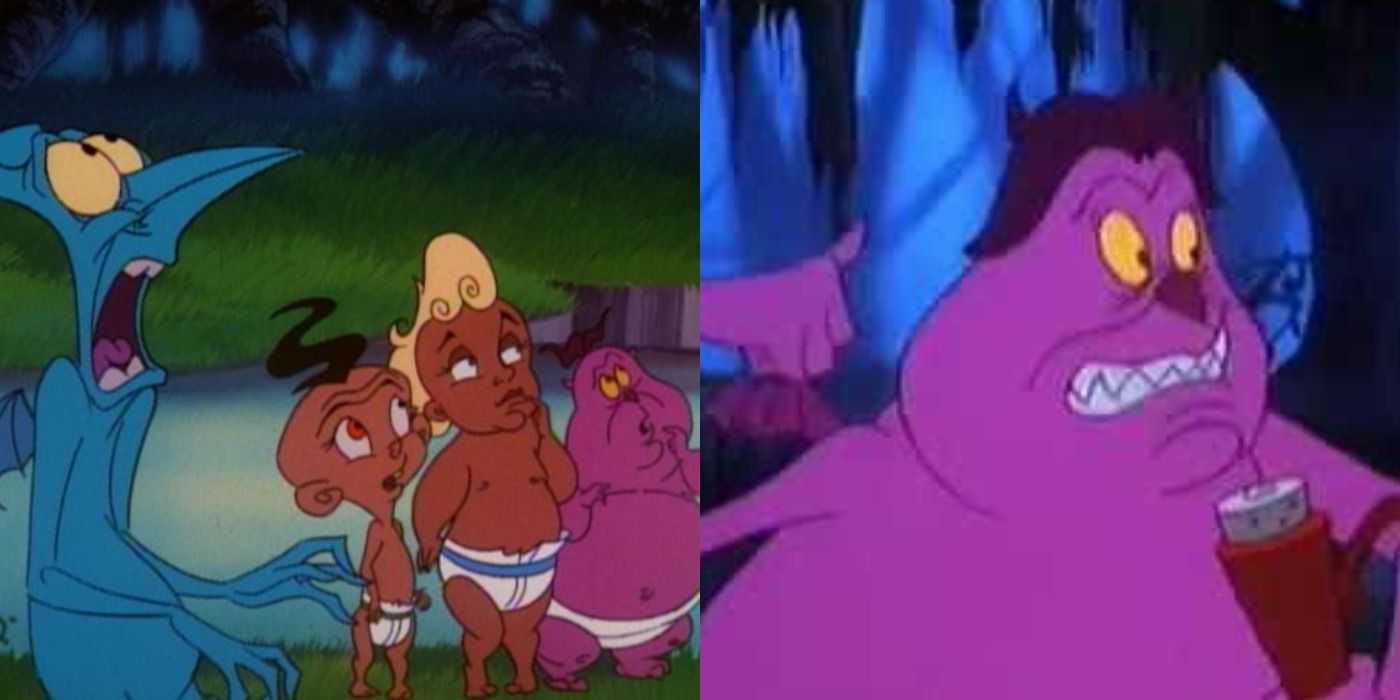Split image of Panic, baby Icarus, baby Adonis, baby Pain and Pain in Hercules Animated Series