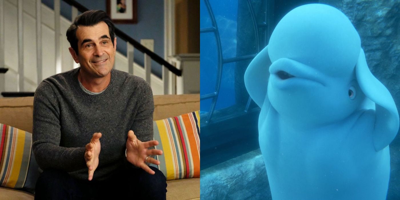 Split image of Phil and Bailey from Finding Dory - Modern Family and Disney characters