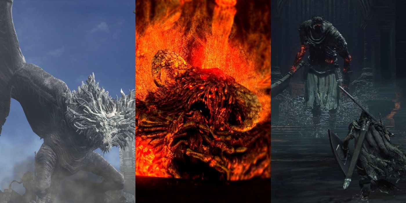 The Ancient Wyvern, Ceaseless Discharge, and Yhorm the Giant from the Dark Souls video game series.