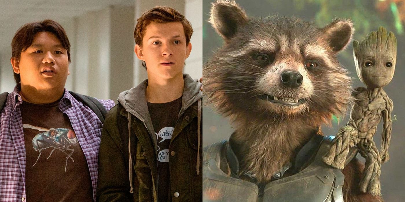Split image of Ned Leeds and Peter Parker with Rocket Raccoon and Groot in the MCU