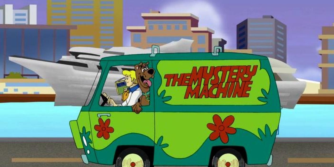 Fred Jones drives the Mystery Machine as Scooby-Doo sticks his head out the window in a Scooby-Doo cartoon.