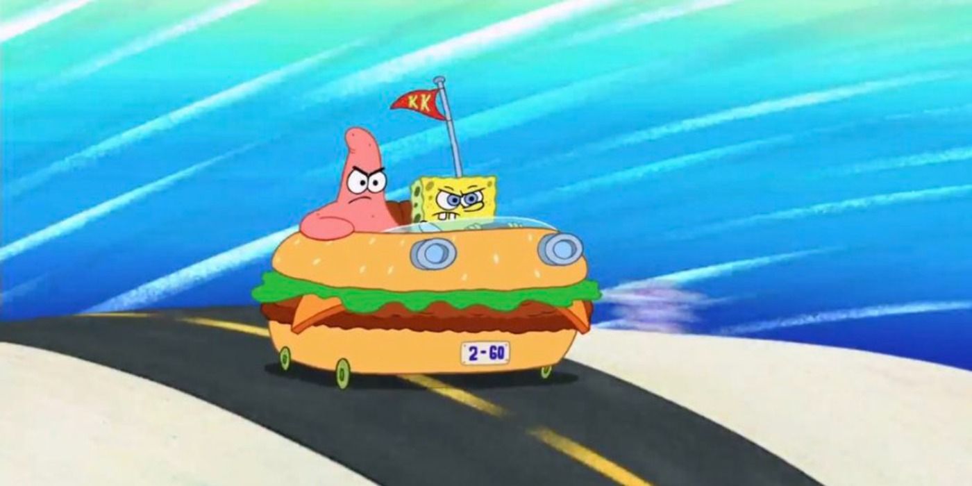 Patrick and SpongeBob look angry while riding in the Patty Wagon in the SpongeBob SquarePants movie.