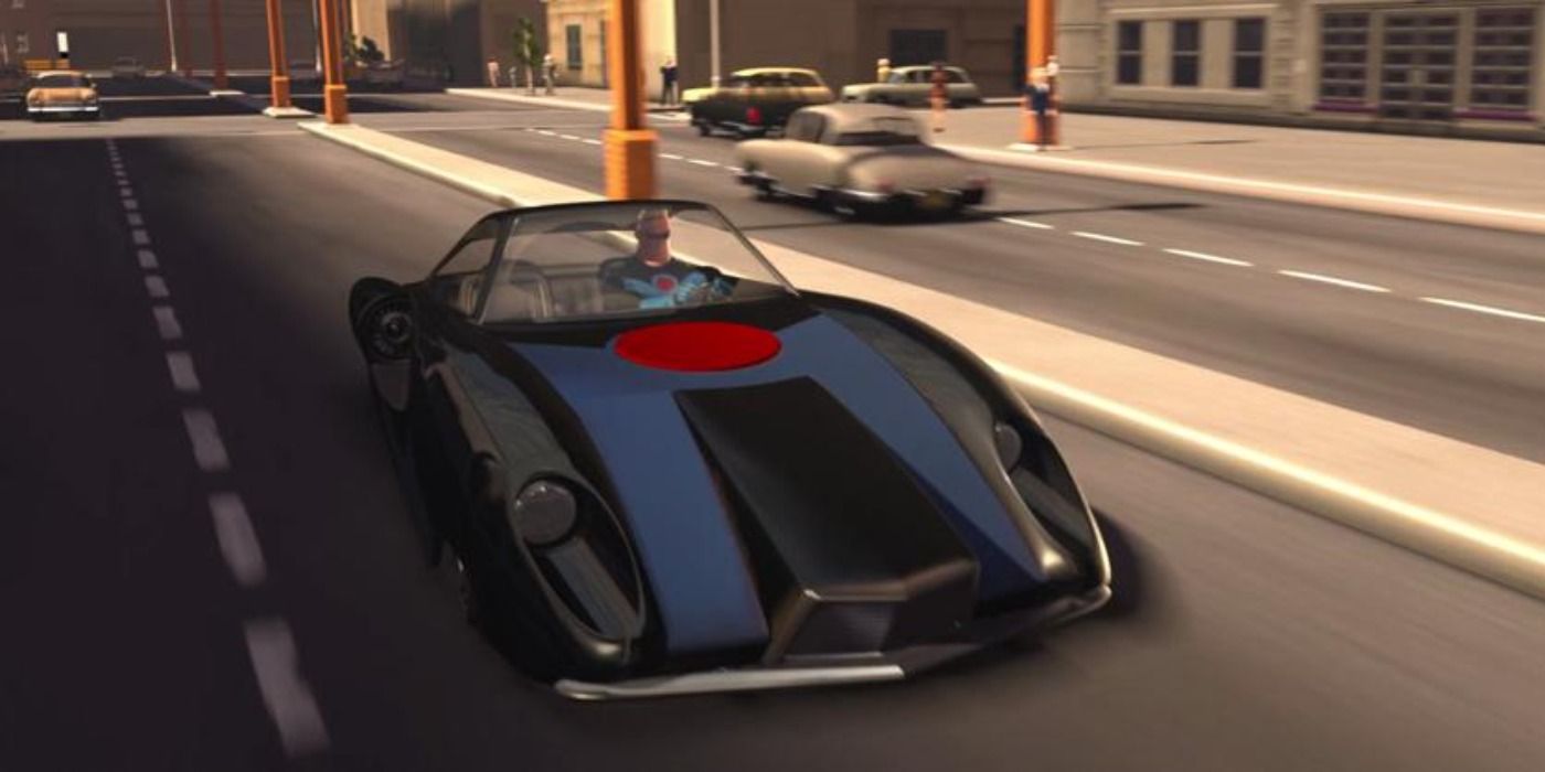 Mr Incredible drives the Incredibile in The Incredibles.