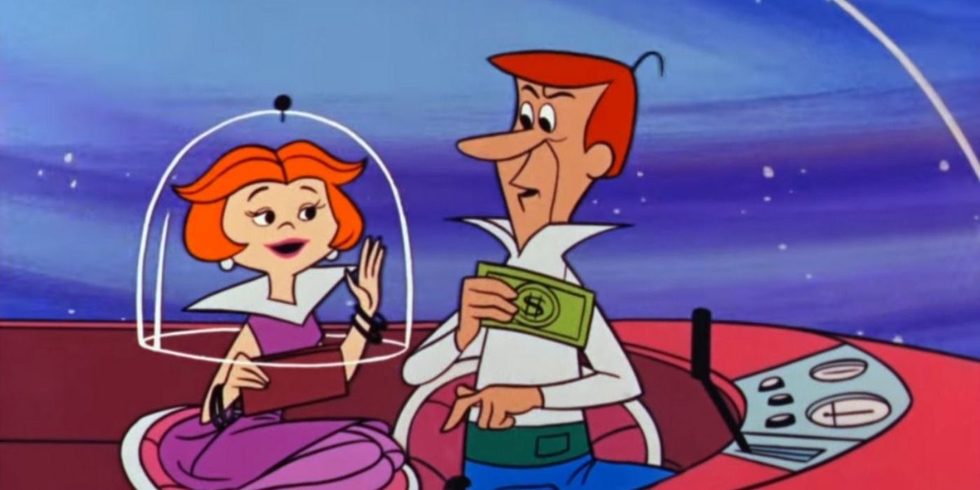 Jane Jetson grabs George Jetson's wallet from him in The Jetsons.